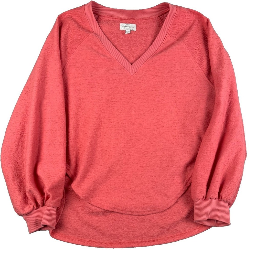 Lucky Brand Womens XS V Neck Pullover Sweater Coral Pink Raglan Long Sleeve